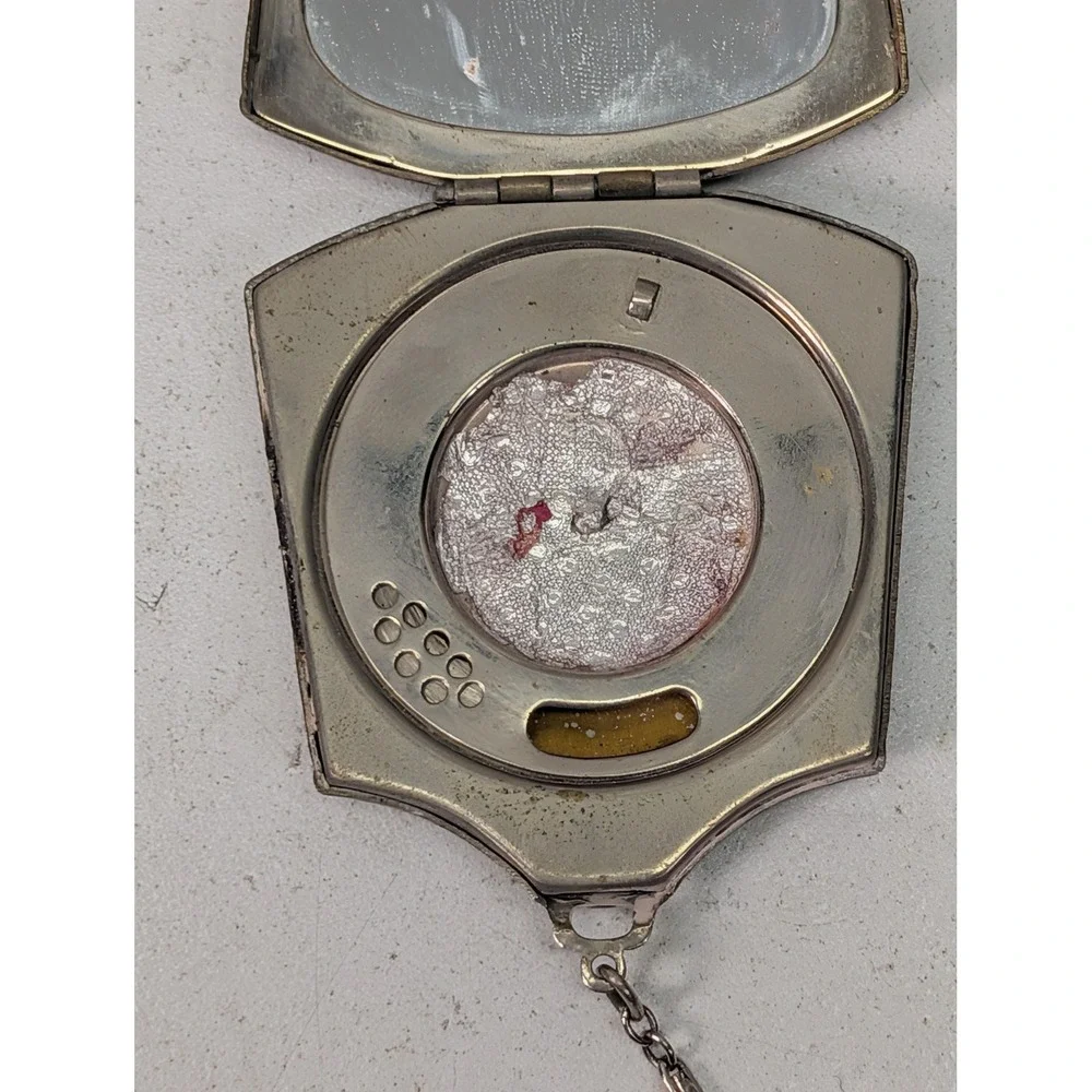 Vintage Silver Tone Compact Mirror Powder Case Chain Finger Ring Floral Enamel